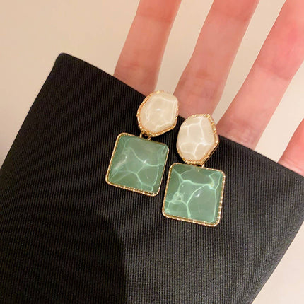 Radiant Mosaic Irregular Square Oval Drop Earrings – Green Jade, Ocean Blue & Fuchsia Pink with water patterns