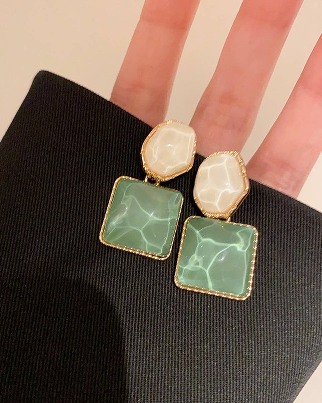 Radiant Mosaic Irregular Square Oval Drop Earrings – Green Jade, Ocean Blue & Fuchsia Pink with water patterns