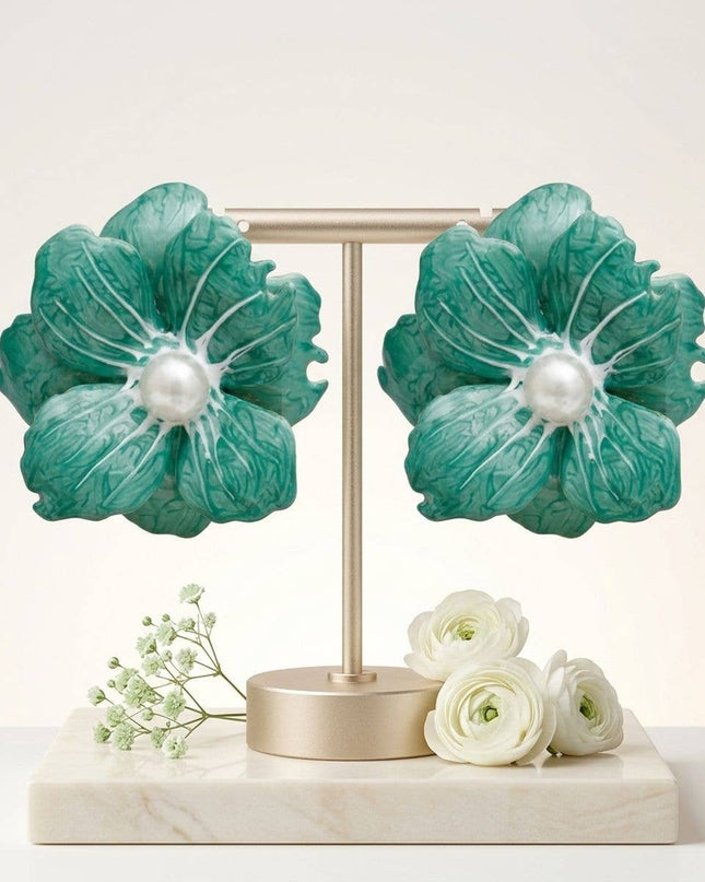 Green Oversized Stud Painted Petal Flower Earrings