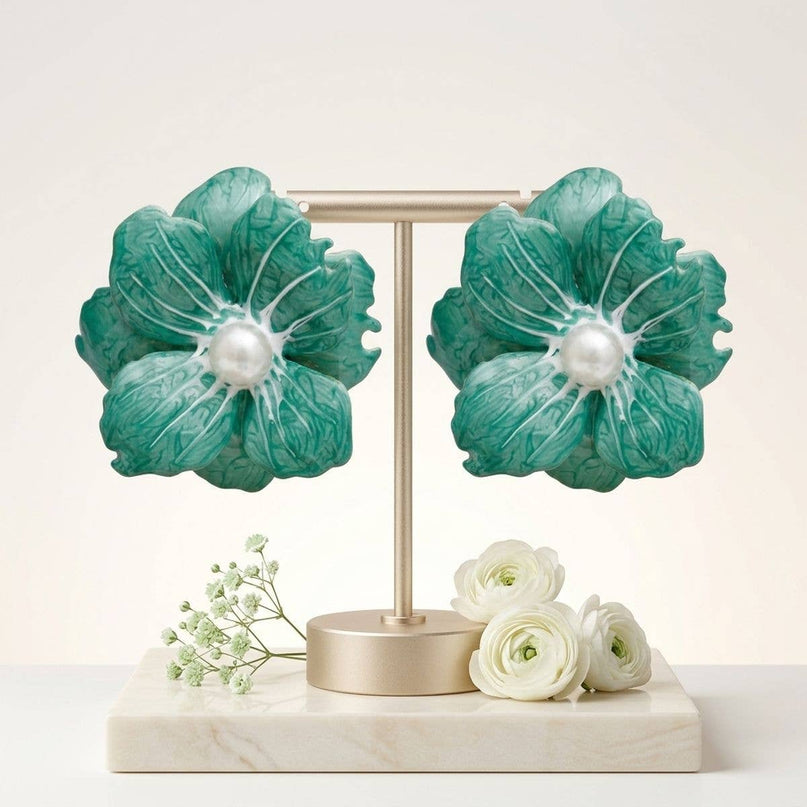 Green Oversized Stud Painted Petal Flower Earrings