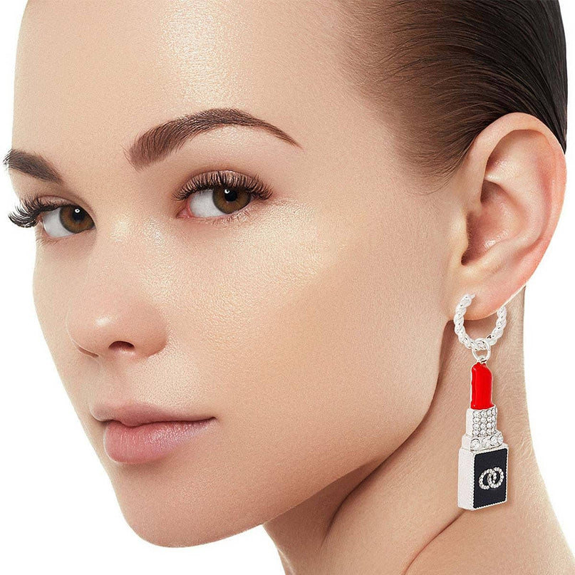 Silver Lipstick Charm Hoop Earrings for Women