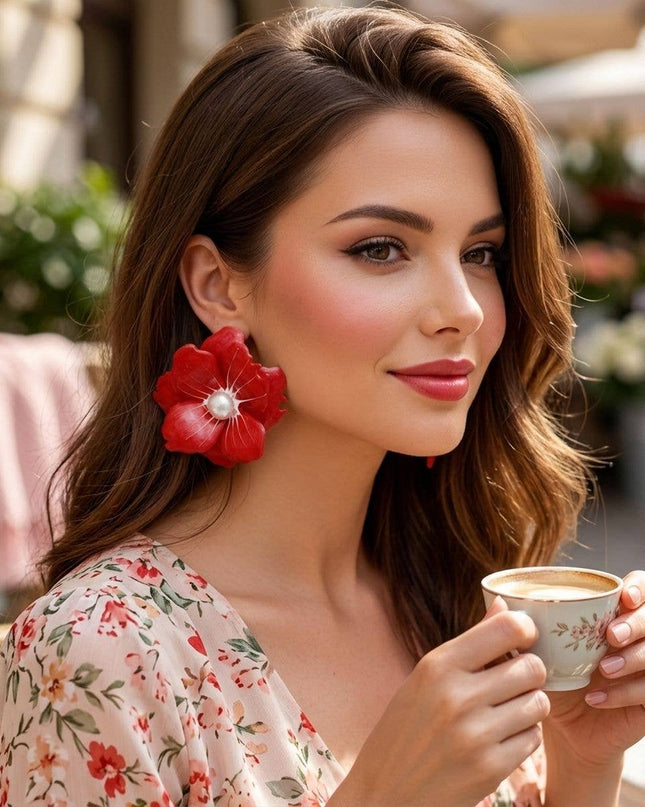 Red Oversized Stud Painted Petal Flower Earrings