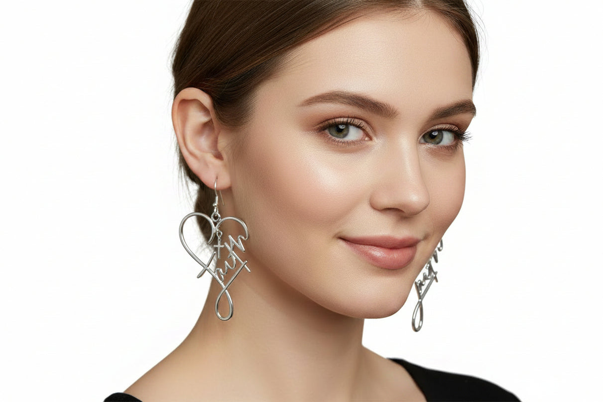 Faith in Love Heart Earrings- Silver