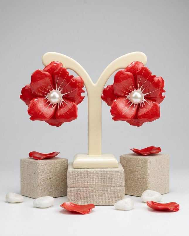 Red Oversized Stud Painted Petal Flower Earrings
