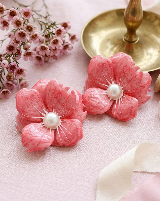 Pink Oversized Stud Painted Petal Flower Earrings