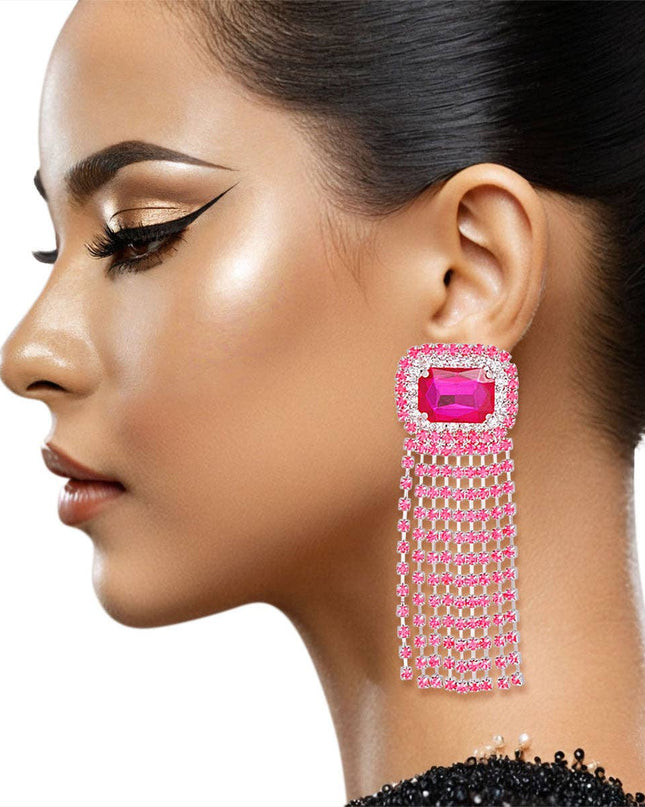 Fringe Fuchsia Radiant Cut Crystal Earrings Women