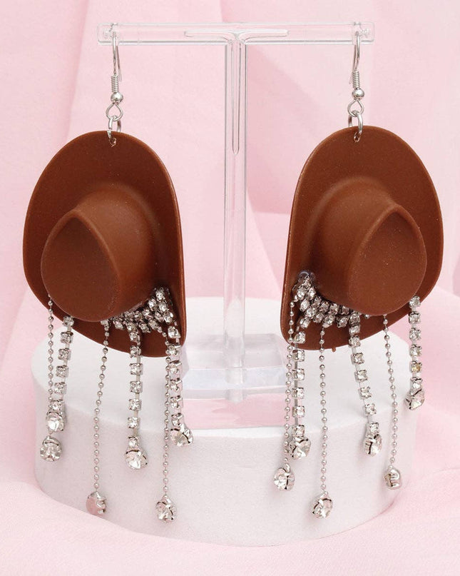 Fish Hook Brown Cowgirl Hat Fringe Earrings