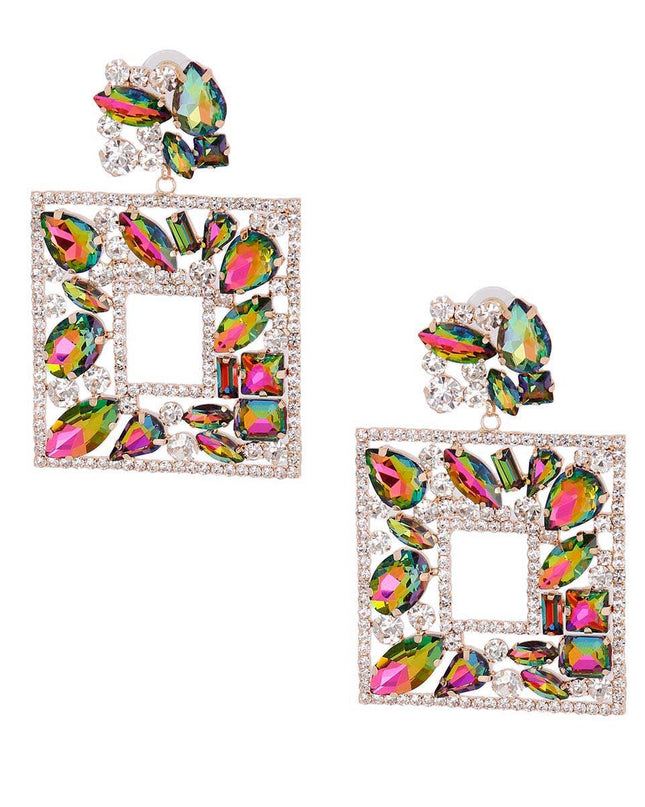 Elegant Pink Green Crystal Square Earrings