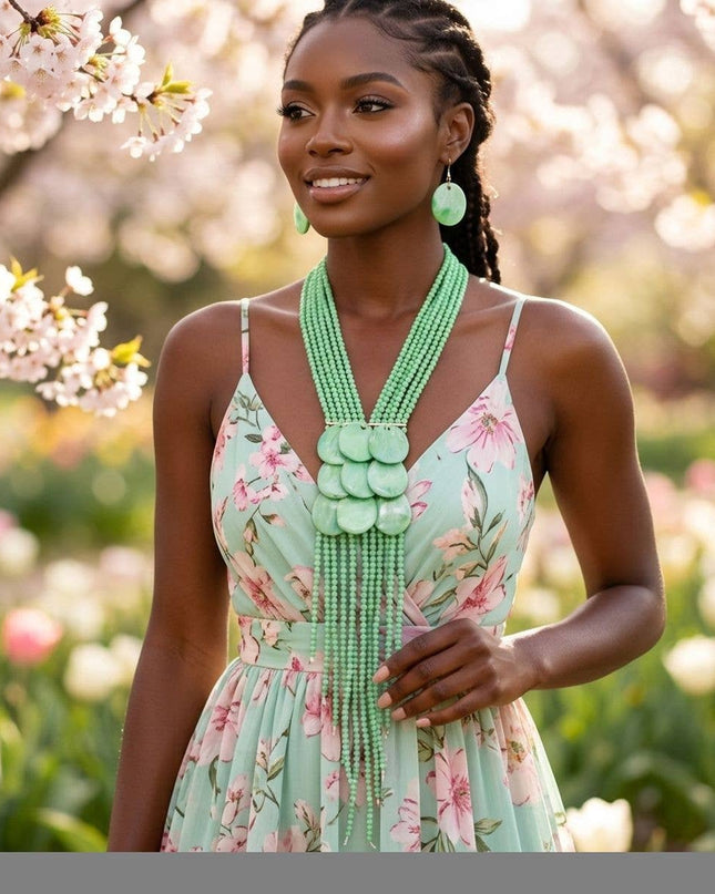 Marbled Green Bead Multi Strand Tassel Necklace