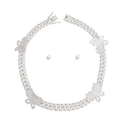 Iced Silver Butterfly Cuban Chain Set
