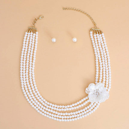 Pearl Necklace Cream 5 Strand Flower Set for Women
