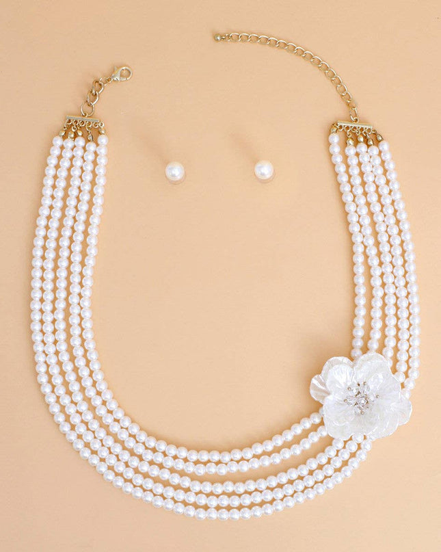 Pearl Necklace Cream 5 Strand Flower Set for Women