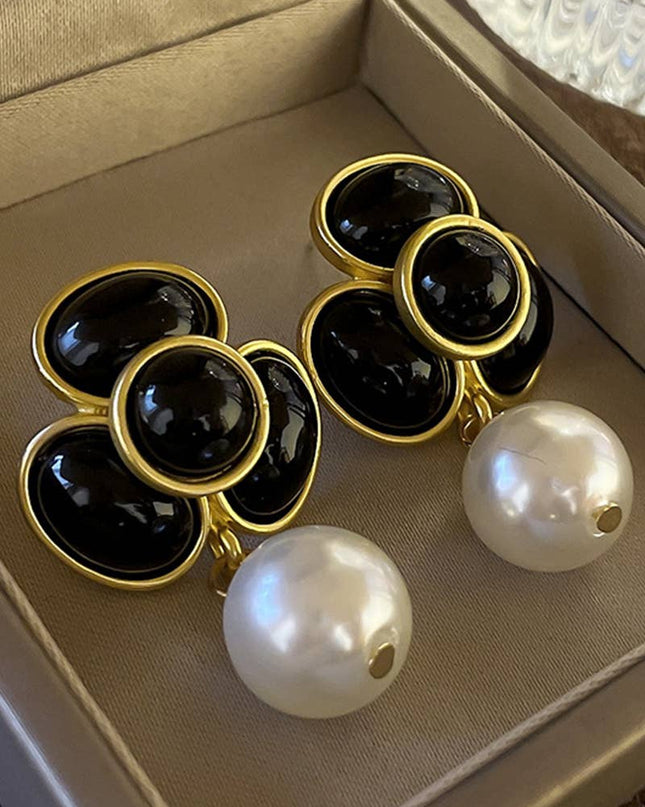 Black Onyx Floral Pearl Drop Earrings – Gold Statement Dangle Jewelry