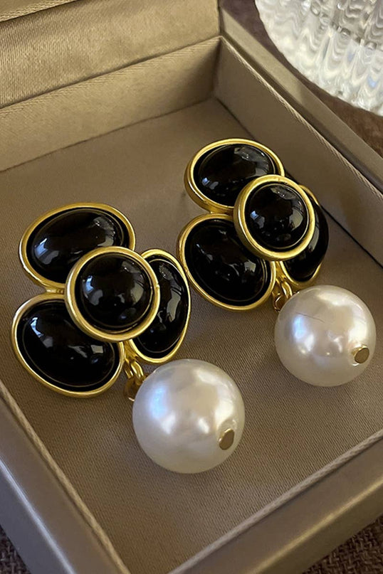 Black Onyx Floral Pearl Drop Earrings – Gold Statement Dangle Jewelry