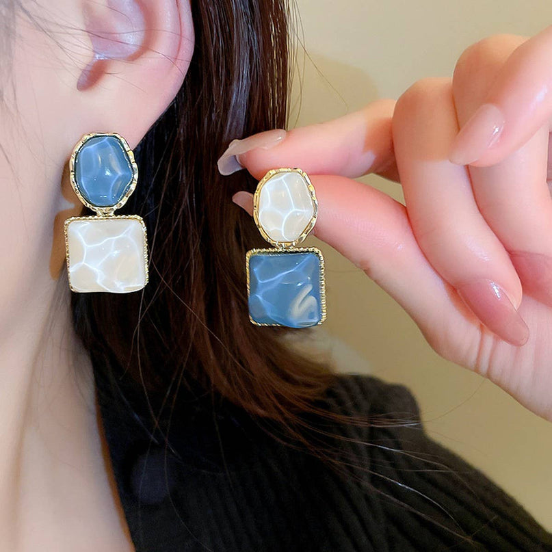 Radiant Mosaic Irregular Square Oval Drop Earrings – Green Jade, Ocean Blue & Fuchsia Pink with water patterns