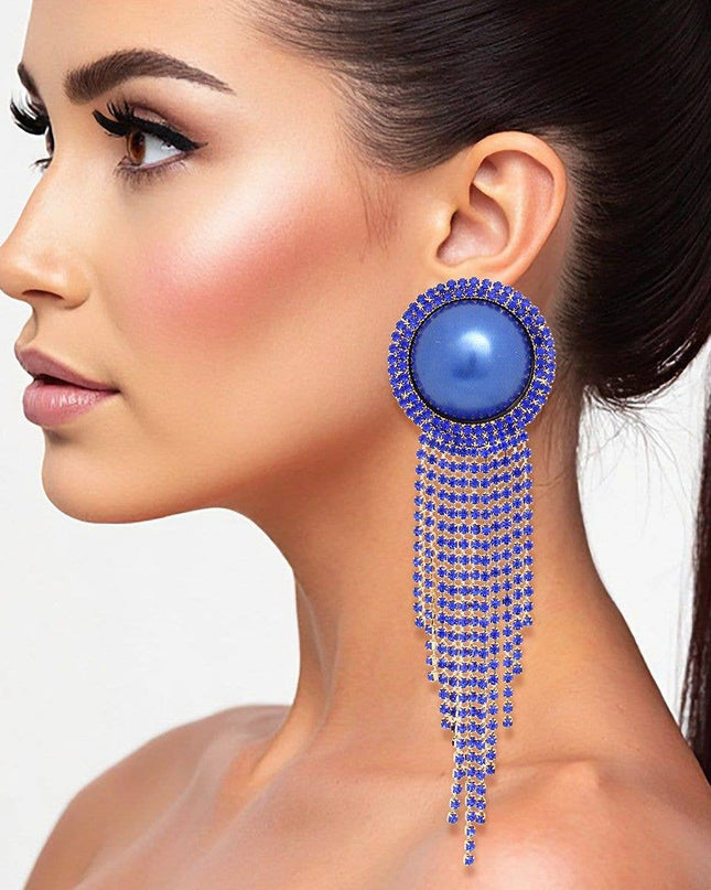 Clip On Royal Blue Pearl Dome Stone Fringe Earring