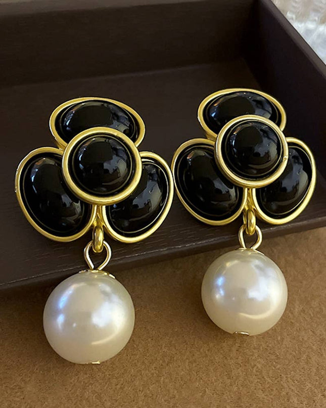 Black Onyx Floral Pearl Drop Earrings – Gold Statement Dangle Jewelry