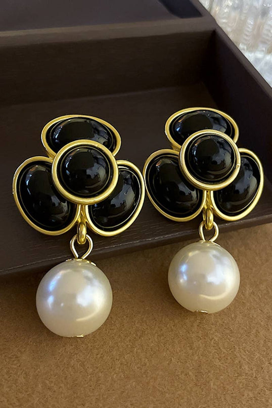 Black Onyx Floral Pearl Drop Earrings – Gold Statement Dangle Jewelry