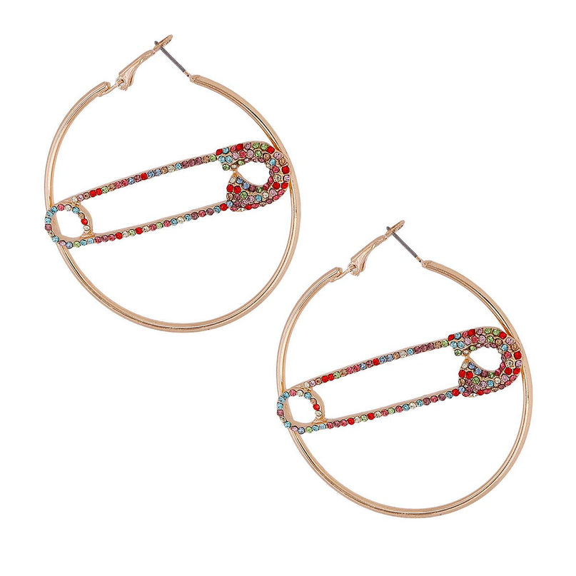 Multi-Color Stone Safety Pin Hoop Earrings for Women