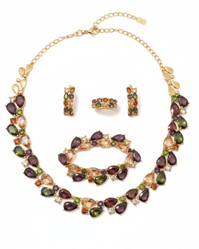 Jewelry set with gemstones on a green velvet stand