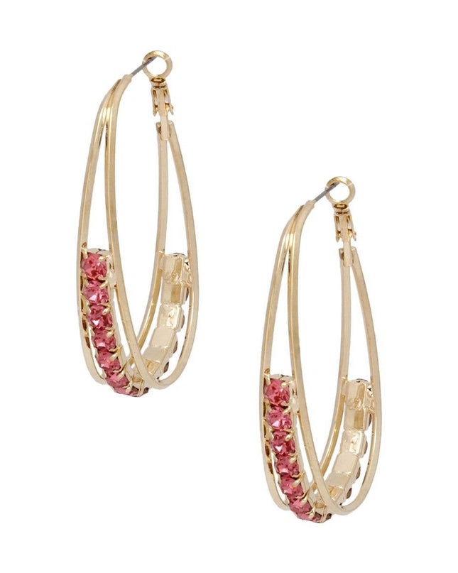 Hoops Oval Gold Split Fuschia Rhinestone Earrings