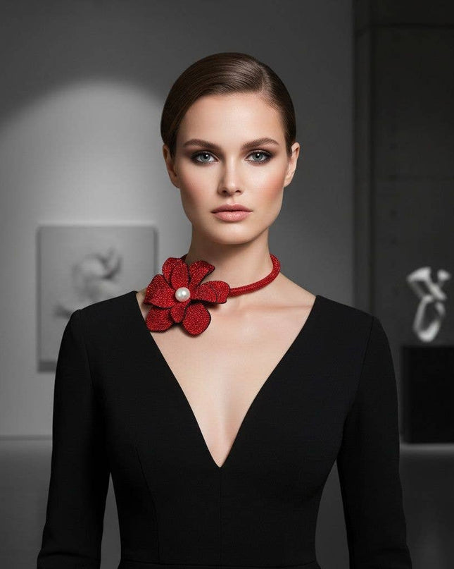 Brilliant Red Blooming Flower Choker Necklace