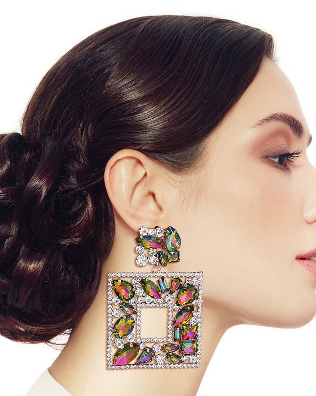 Elegant Pink Green Crystal Square Earrings