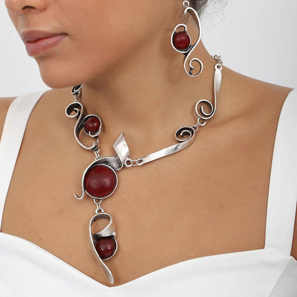 Antique Silver Plated Jewelry Set with Red Stone