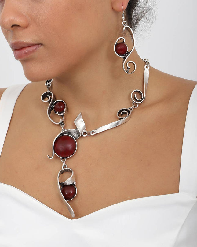 Antique Silver Plated Jewelry Set with Red Stone