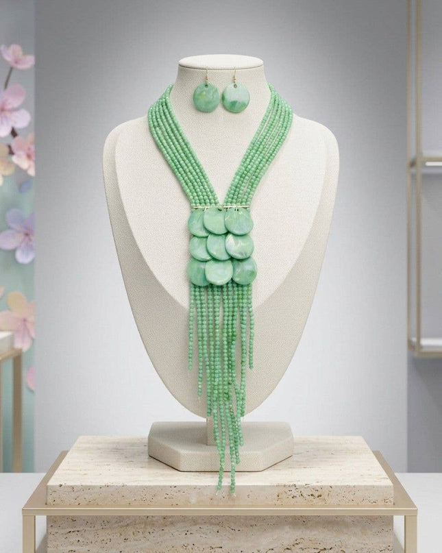 Marbled Green Bead Multi Strand Tassel Necklace