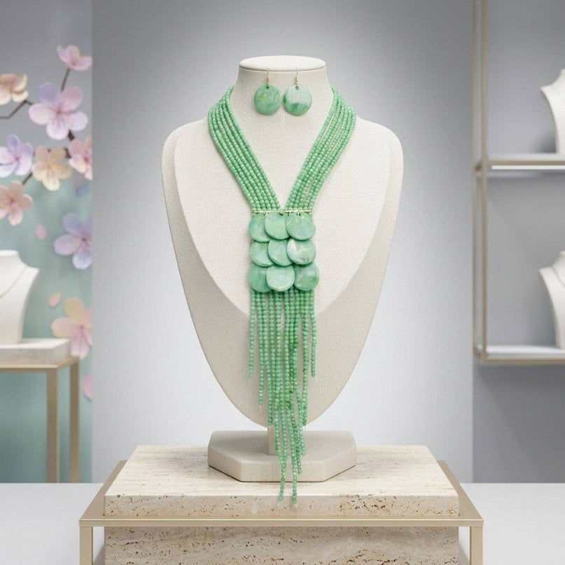 Marbled Green Bead Multi Strand Tassel Necklace