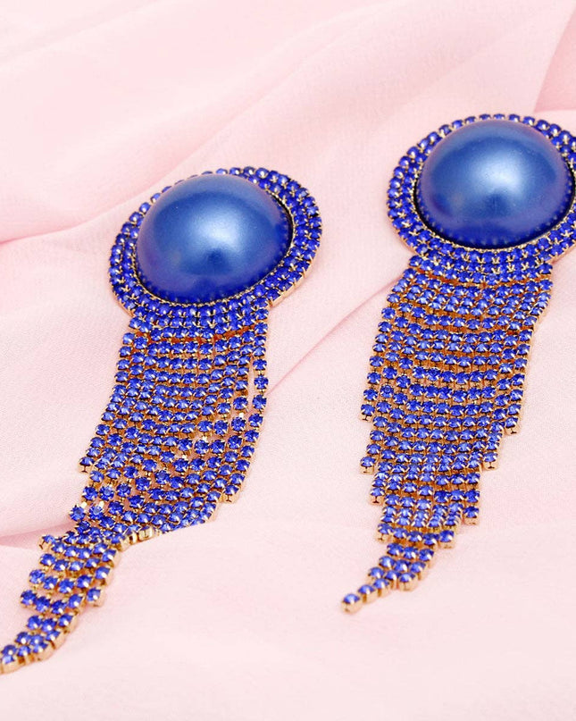 Clip On Royal Blue Pearl Dome Stone Fringe Earring