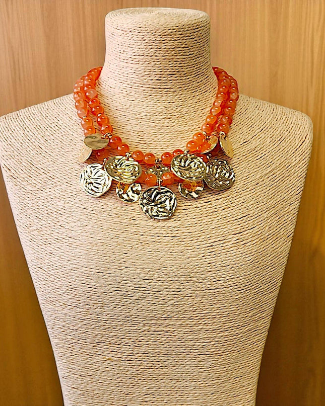 Gold Coin Medallion Necklace | Carnelian | Bead | Fall Boho