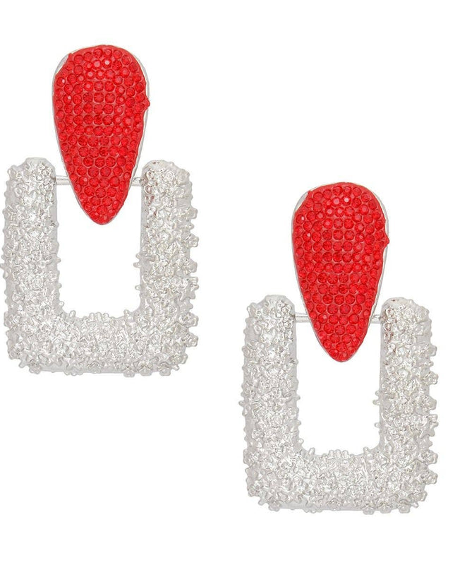 Drop Edgy Red Stone Hinge Silver Square Earrings