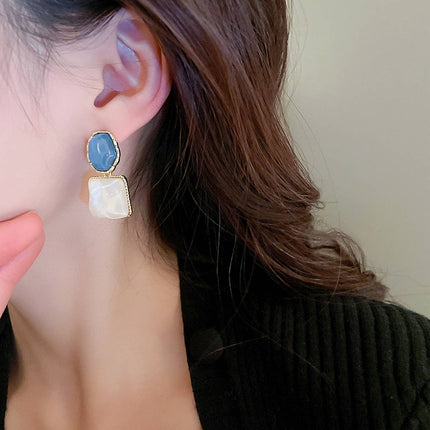 Radiant Mosaic Irregular Square Oval Drop Earrings – Green Jade, Ocean Blue & Fuchsia Pink with water patterns