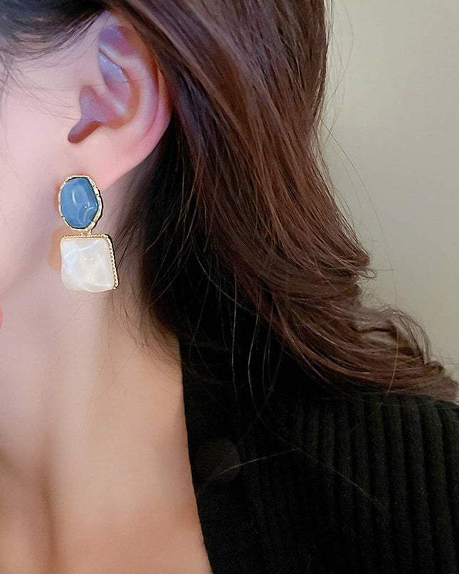 Radiant Mosaic Irregular Square Oval Drop Earrings – Green Jade, Ocean Blue & Fuchsia Pink with water patterns