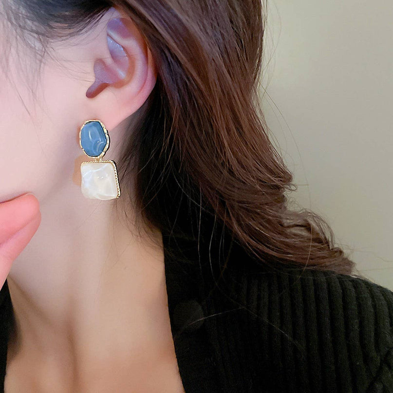 Radiant Mosaic Irregular Square Oval Drop Earrings – Green Jade, Ocean Blue & Fuchsia Pink with water patterns