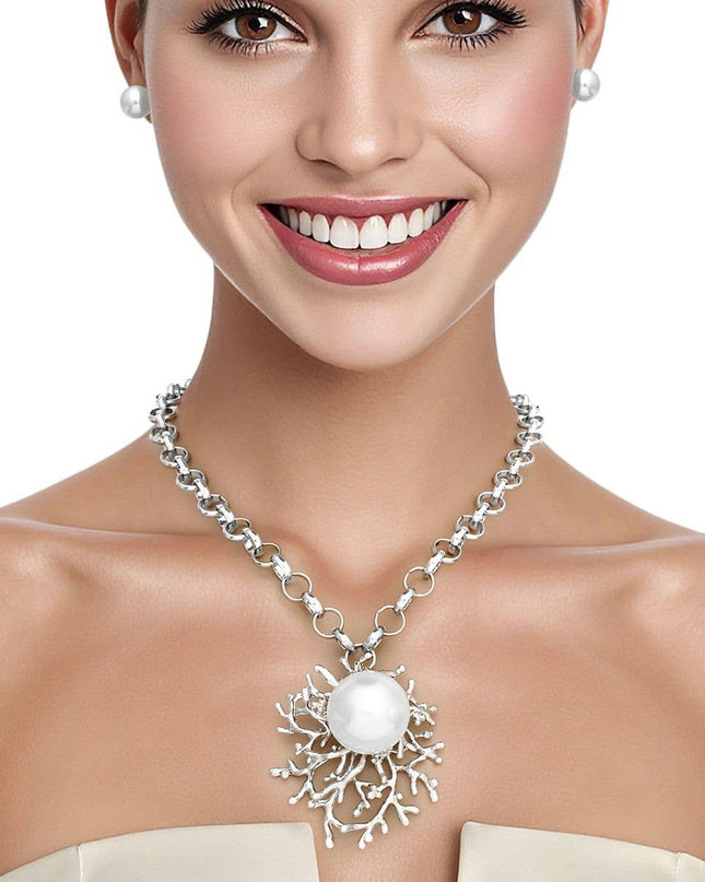 Pendant Branched Silver White Pearl Chain Necklace