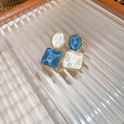 Radiant Mosaic Irregular Square Oval Drop Earrings – Green Jade, Ocean Blue & Fuchsia Pink with water patterns