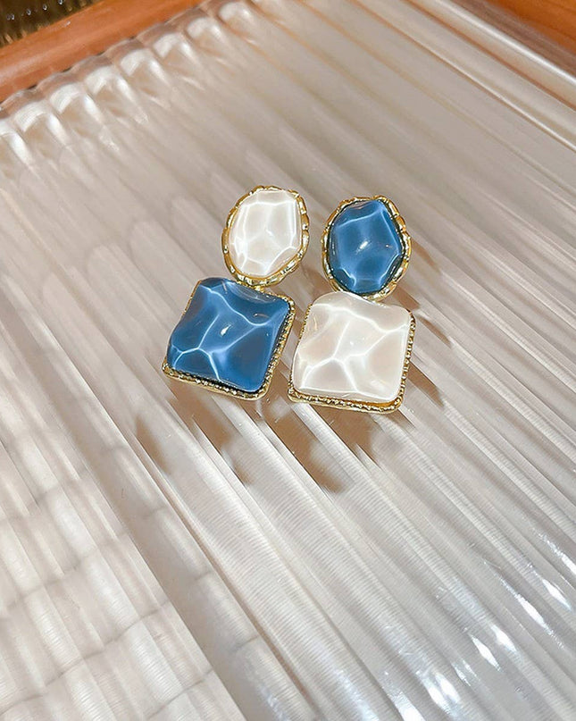 Radiant Mosaic Irregular Square Oval Drop Earrings – Green Jade, Ocean Blue & Fuchsia Pink with water patterns