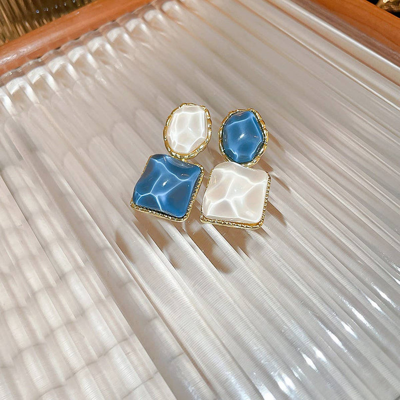 Radiant Mosaic Irregular Square Oval Drop Earrings – Green Jade, Ocean Blue & Fuchsia Pink with water patterns