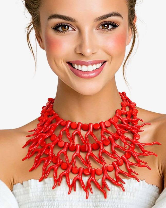 Bib Red Coral Coastal Chic Bead Necklace for Women