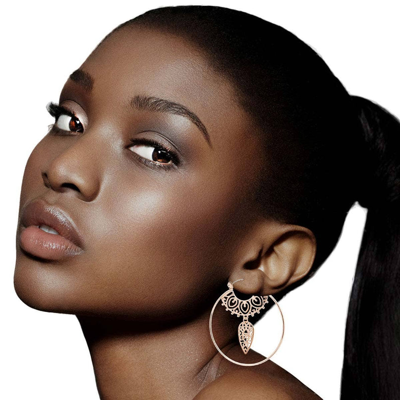 Rose Gold Filigree Dangle Hoop Earrings for Women