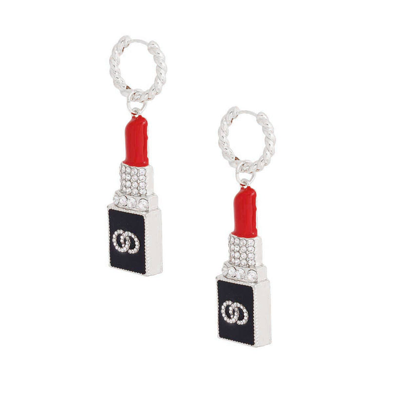 Silver Lipstick Charm Hoop Earrings for Women