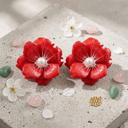 Red Oversized Stud Painted Petal Flower Earrings