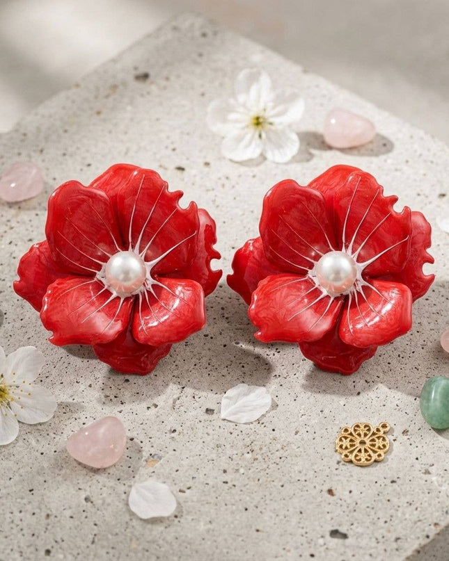 Red Oversized Stud Painted Petal Flower Earrings