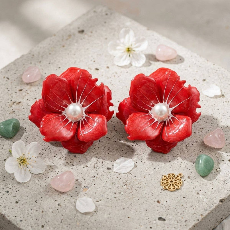 Red Oversized Stud Painted Petal Flower Earrings