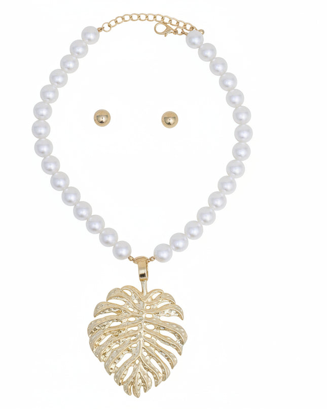 Cream Pearl Gold Palm Leaf Pendant Necklace