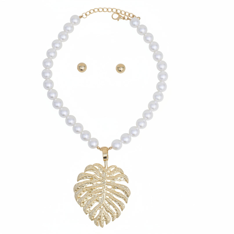 Cream Pearl Gold Palm Leaf Pendant Necklace