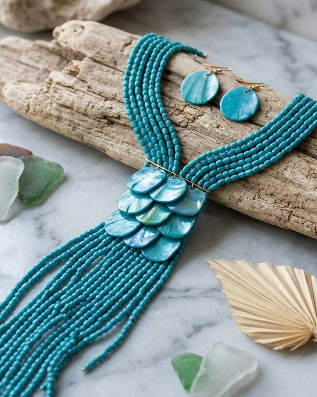Marbled Green Bead Multi Strand Tassel Necklace